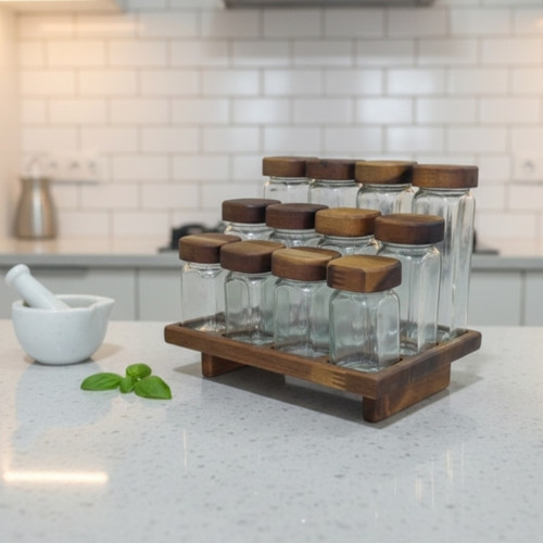 ست جا ادویه ۱۲ پارچه همراه استند چوبی